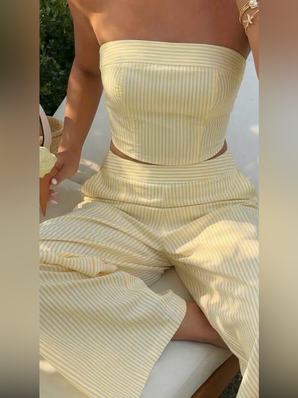2 Piece Set Cropped Tube Top & High-Waist Yellow Striped Wide-Leg Pants